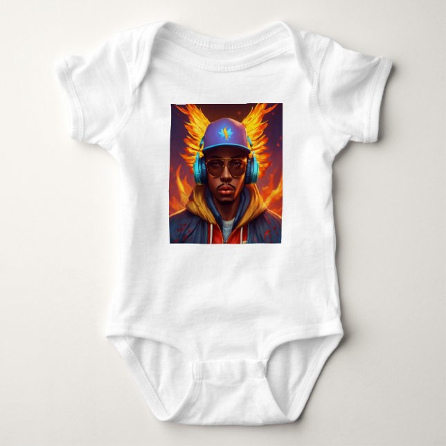 Hyperrealistic Cartoonish Hip Hop: Game Character  Baby Bodysuit (Front)