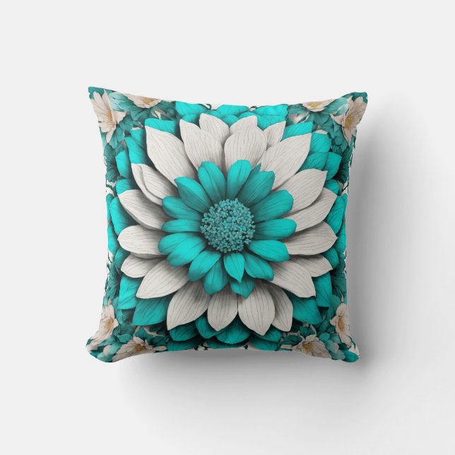 Hyperrealistic Turquoise Flower with Surrounding  Throw Pillow (Front)