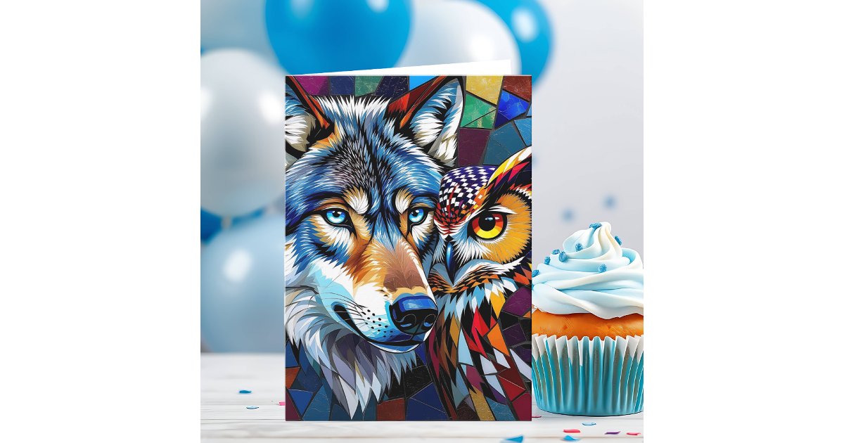 Hyperreaslistic Wolf and Owl | Happy Birthday Card | Zazzle