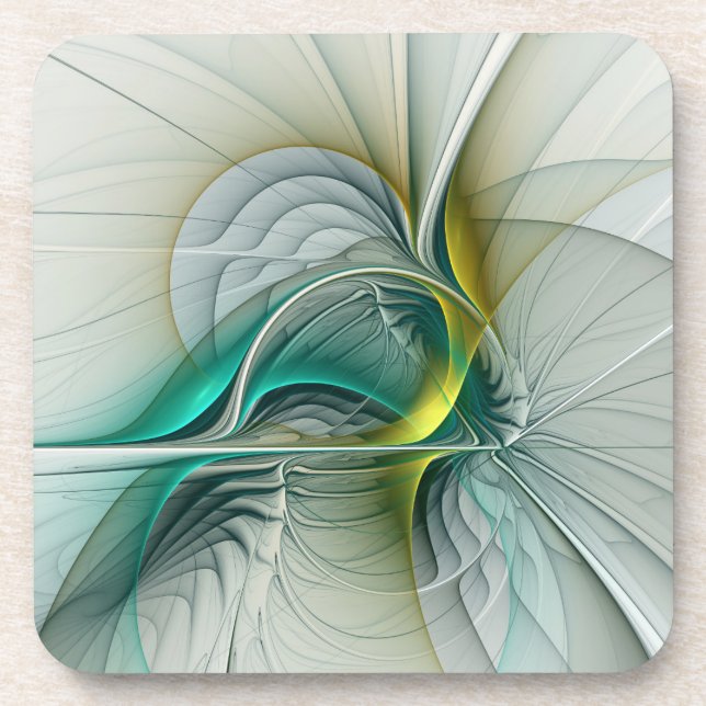 Hypnotic Abstract Golden Turquoise Teal Fractal Beverage Coaster (Front)