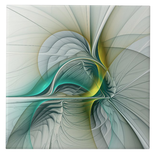 Hypnotic Abstract Golden Turquoise Teal Fractal Ceramic Tile (Front)