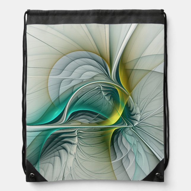 Hypnotic Abstract Golden Turquoise Teal Fractal Drawstring Bag (Front)
