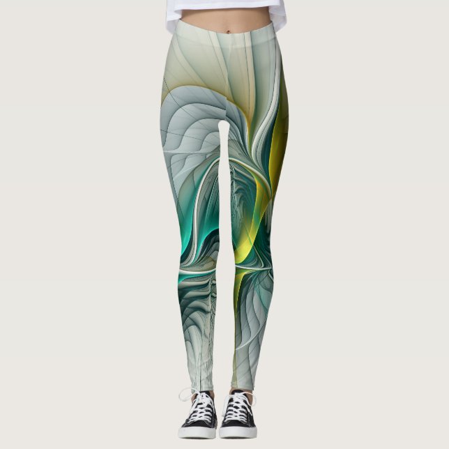 Hypnotic Abstract Golden Turquoise Teal Fractal Leggings (Front)