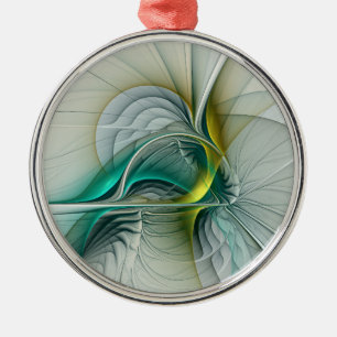 Hypnotic Abstract Golden Turquoise Teal Fractal Metal Ornament