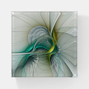 Hypnotic Abstract Golden Turquoise Teal Fractal Paperweight