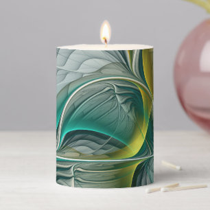 Hypnotic Abstract Golden Turquoise Teal Fractal Pillar Candle