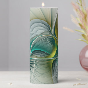 Hypnotic Abstract Golden Turquoise Teal Fractal Pillar Candle