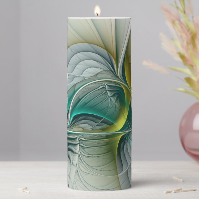 Hypnotic Abstract Golden Turquoise Teal Fractal Pillar Candle (In Situ)