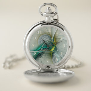Hypnotic Abstract Golden Turquoise Teal Fractal Pocket Watch