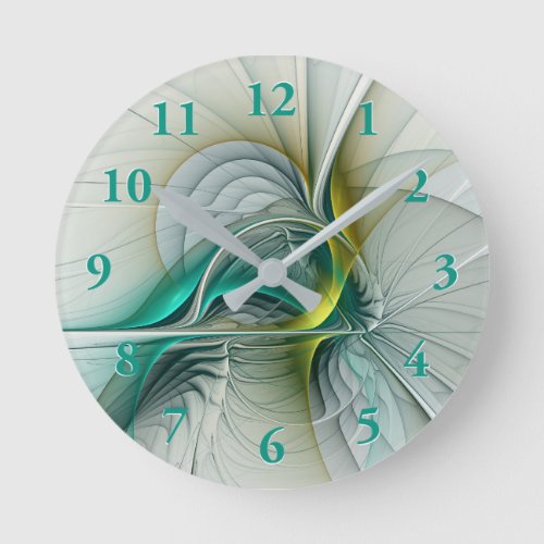 Hypnotic Abstract Golden Turquoise Teal Fractal Round Clock