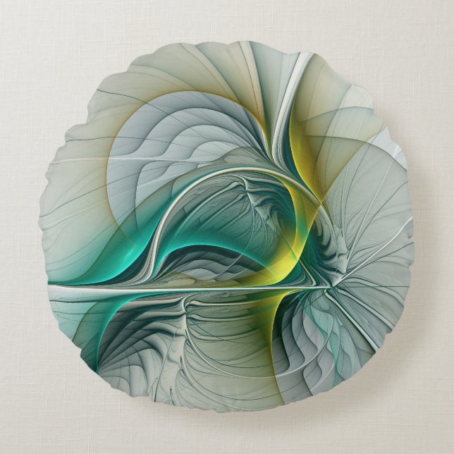 Hypnotic Abstract Golden Turquoise Teal Fractal Round Pillow (Front)