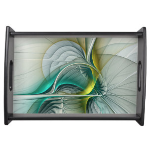 Hypnotic Abstract Golden Turquoise Teal Fractal Serving Tray