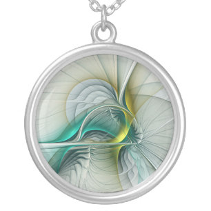 Hypnotic Abstract Golden Turquoise Teal Fractal Silver Plated Necklace