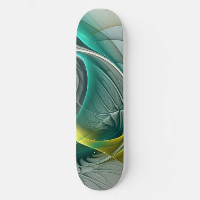 Hypnotic Abstract Golden Turquoise Teal Fractal Skateboard Deck (Front)