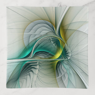 Hypnotic Abstract Golden Turquoise Teal Fractal Trinket Tray