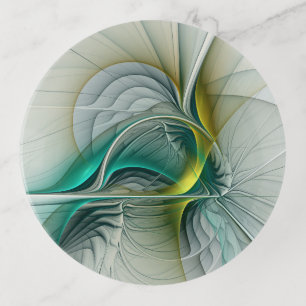 Hypnotic Abstract Golden Turquoise Teal Fractal Trinket Tray
