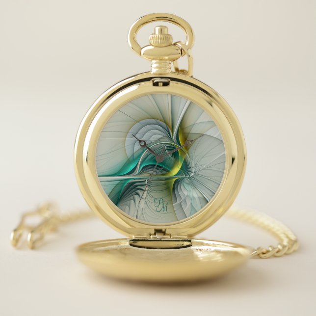 Hypnotic Abstract Golden Turquoise Teal Initials Pocket Watch (Inside)