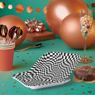 Hypnotic Black and White Checkered Warp Pattern Paper Plates