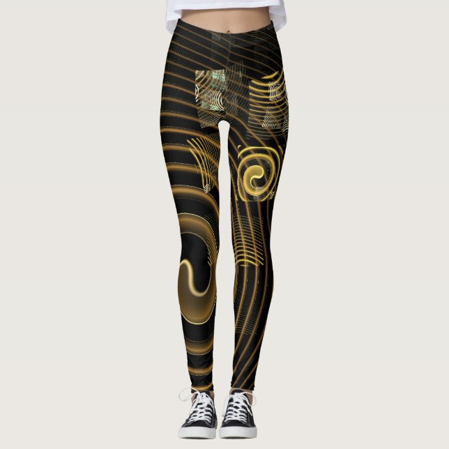 Hypnotic Golden Waves Modern Abstract Art Leggings (Front)