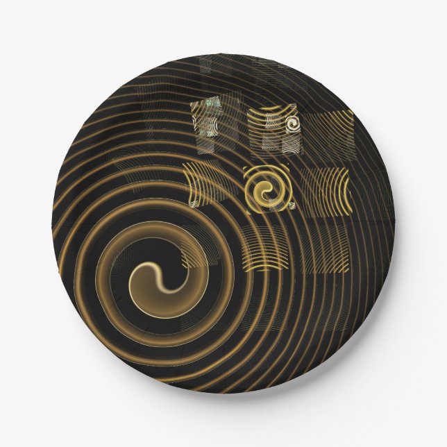 Hypnotic Golden Waves Modern Abstract Art Paper Plates (Front)