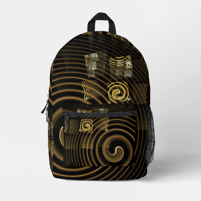 Hypnotic Golden Waves Modern Abstract Art Printed Backpack (Front)