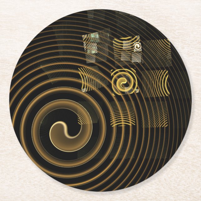 Hypnotic Golden Waves Modern Abstract Art Round Paper Coaster (Front)