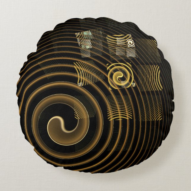 Hypnotic Golden Waves Modern Abstract Art Round Pillow (Front)