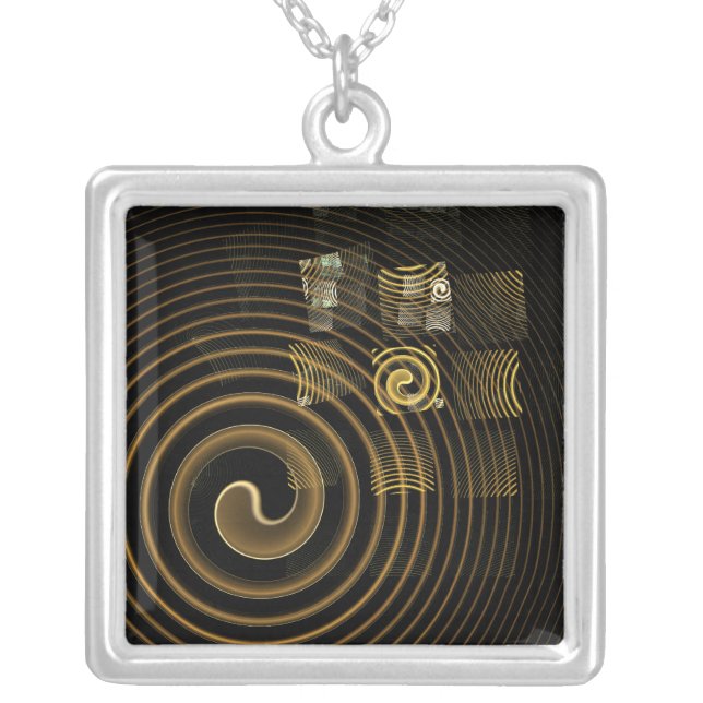 Hypnotic Golden Waves Modern Abstract Art Silver Plated Necklace (Front)