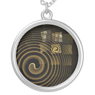 Hypnotic Golden Waves Modern Abstract Art Silver Plated Necklace
