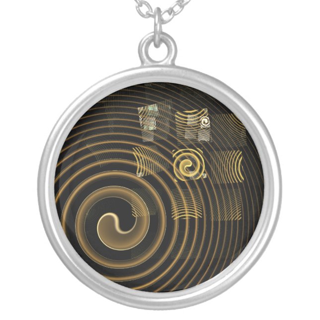 Hypnotic Golden Waves Modern Abstract Art Silver Plated Necklace (Front)