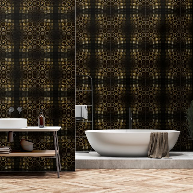 Hypnotic Golden Waves Modern Abstract Art Wallpaper (Bathroom)