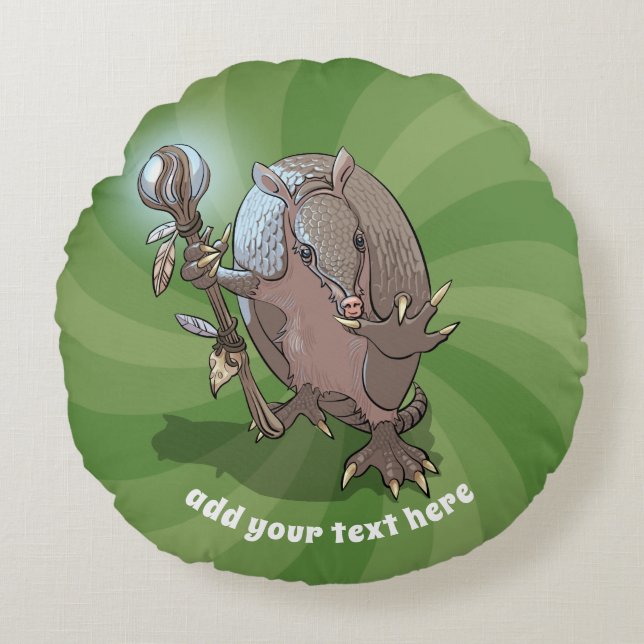 Hypnotic Mystic Armadillo Shaman And Staff Cartoon Round Pillow (Front)