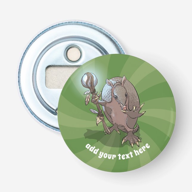 Hypnotic Mystic Shaman & Staff Cartoon Armadillo Bottle Opener (Front)