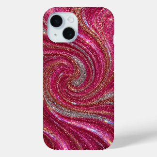 Hypnotic Pink and Silver Glitter Spiral Vortex Gla iPhone 15 Case