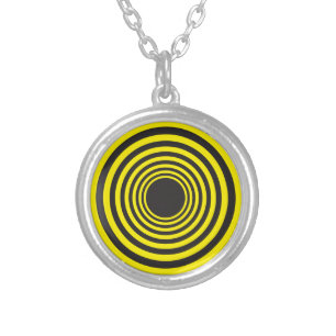 Hypnotic yellow on black descending circles silver plated necklace