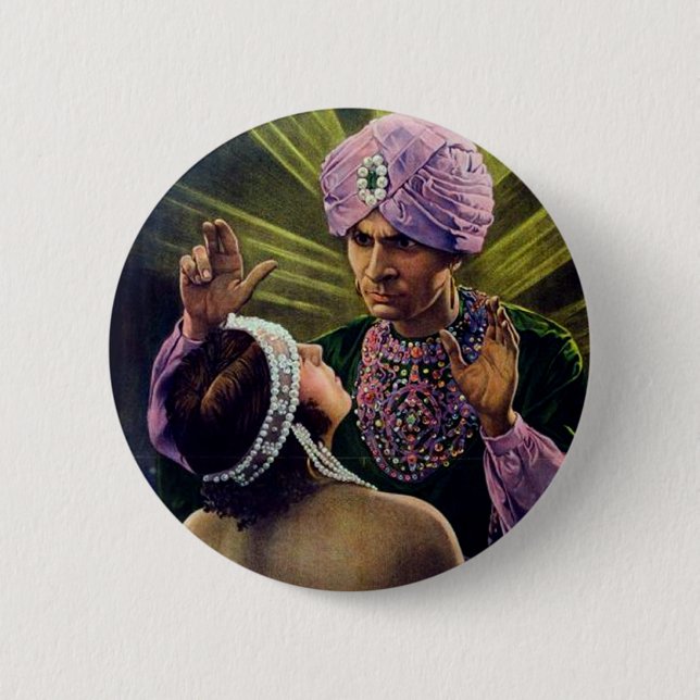 Hypnotist hypnotizes young woman...vintage! button (Front)