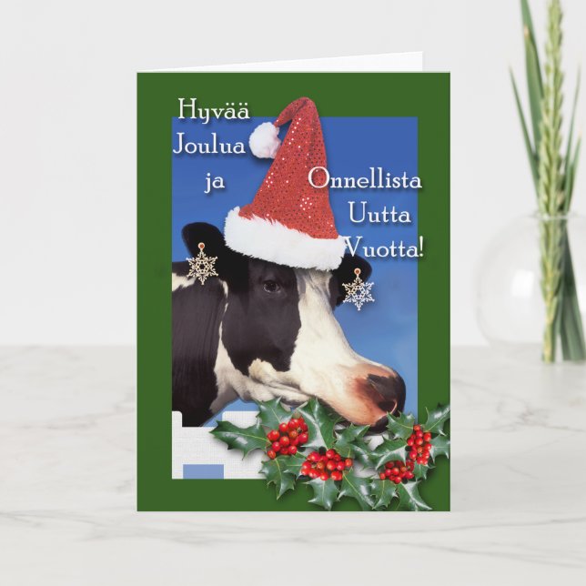 Hyvaa joulua, Finnish Christmas Cow Holiday Card (Front)
