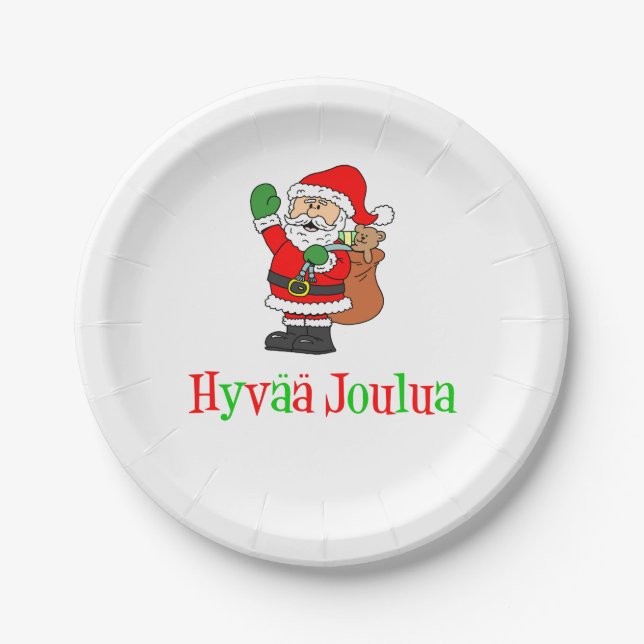 Hyvaa Joulua Finnish Christmas Santa Paper Plates (Front)