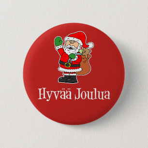 Hyvaa Joulua Finnish Christmas Santa Red Button