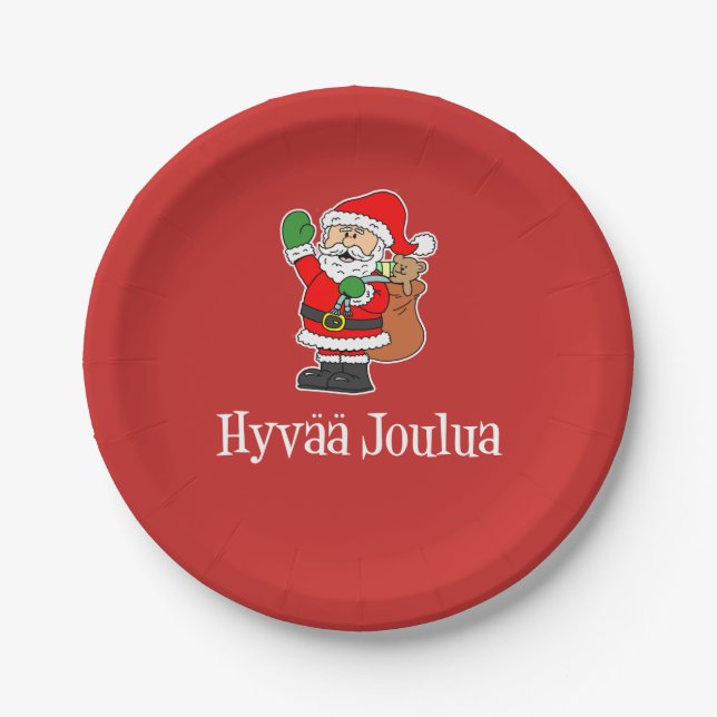 Hyvaa Joulua Finnish Christmas Santa (RED) Paper Plates (Front)