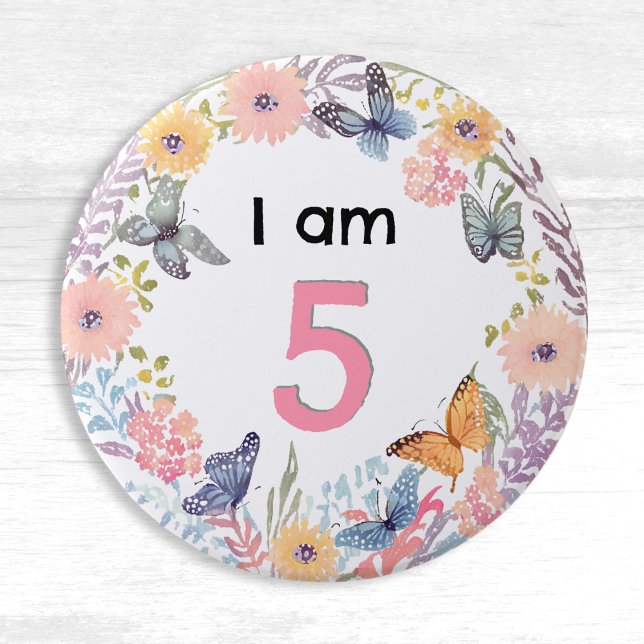 I Am 5 Beautiful Floral Butterfly Pin Badge Button (A very pretty pin button badge with 'I am 5' words, and a border of flowers and butterflies)