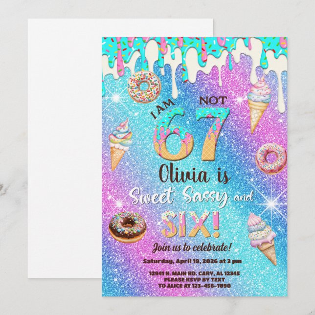 I am 6 not 7 girl 6th birthday invitation. invitation (Front/Back)