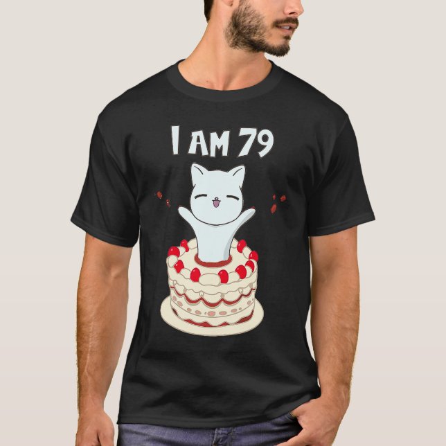 I am 79 Cute cat kitten with birthday cake T-Shirt (Front)