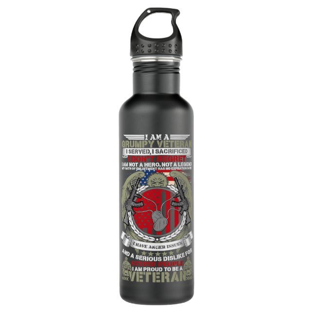 I Am A Grumpy Veteran 64 Stainless Steel Water Bottle (Front)