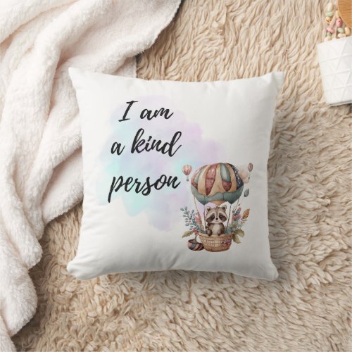I Am a Kind Person Kids Room Raccoon Air Balloon  Throw Pillow