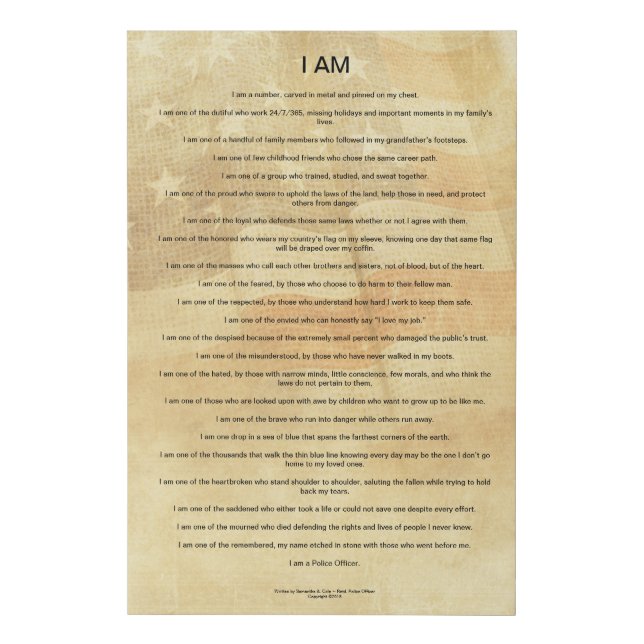 I Am (a Police Officer) Poem with Flag Background Faux Canvas Print (Front)
