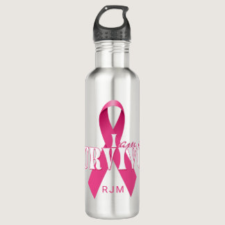 I am a Survivor Pink Ribbon with Monogram Aluminum Stainless Steel Water Bottle