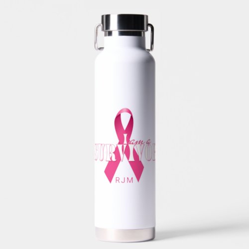I am a Survivor Pink Ribbon with Monogram Aluminum Water Bottle