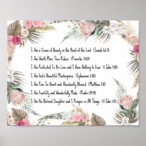 I Am Affirmations Floral Christian Poster