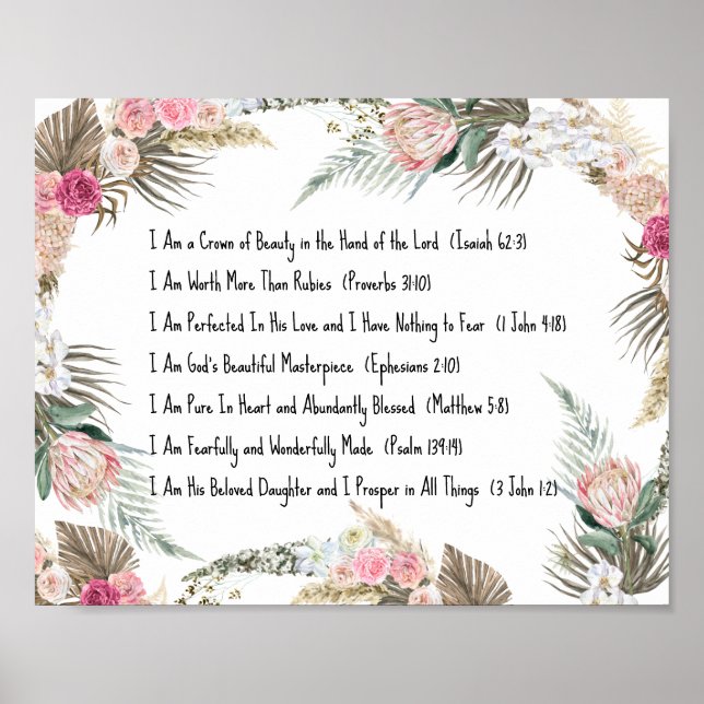 I Am Affirmations Floral Christian Poster (Front)